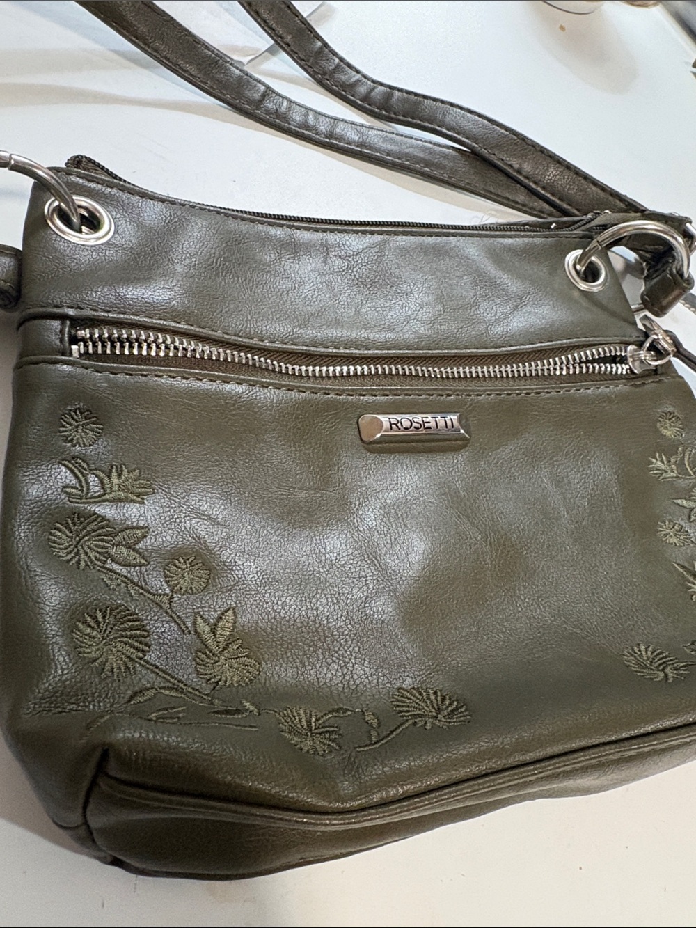 Rosetti Olive Green Shoulder Bag Floral Engraving.Mid Size Int & Ext.Pockets